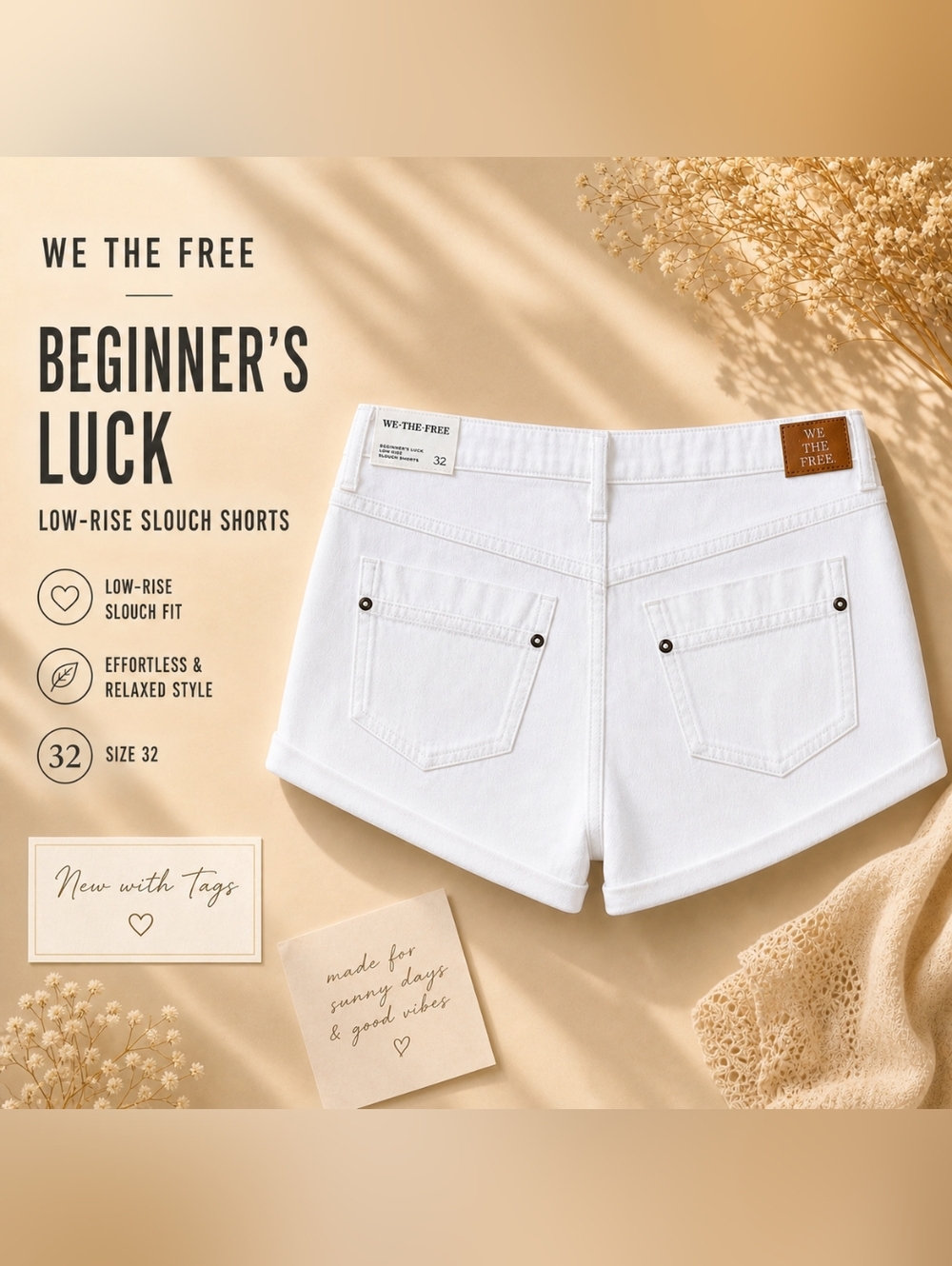Free People We The Free Beginner’s Luck Low Rise Slouch Shorts NWT Size 32 White